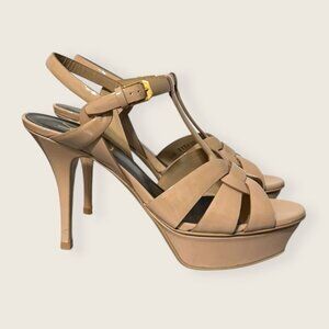 Saint Laurent Tribute Patent Leather Sandals 37 6.5 Dark Nude Platform Worn 1x